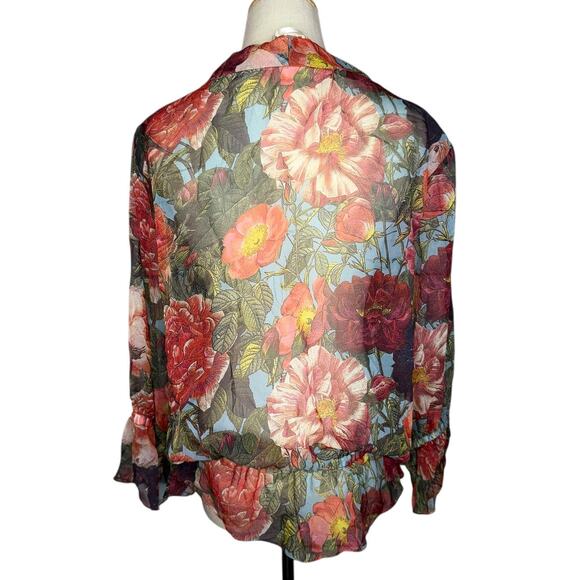 NWOT Haute Hippie 100% Silk Sheer Floral Blouse Ruched Hem Tie Neck Size Medium - Picture 9 of 11